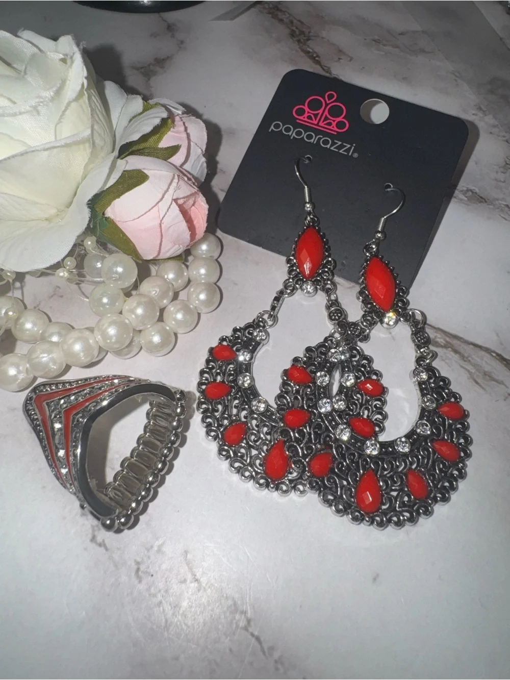 paparazzi Silver-Tone Red Filigree Dangle Earrings